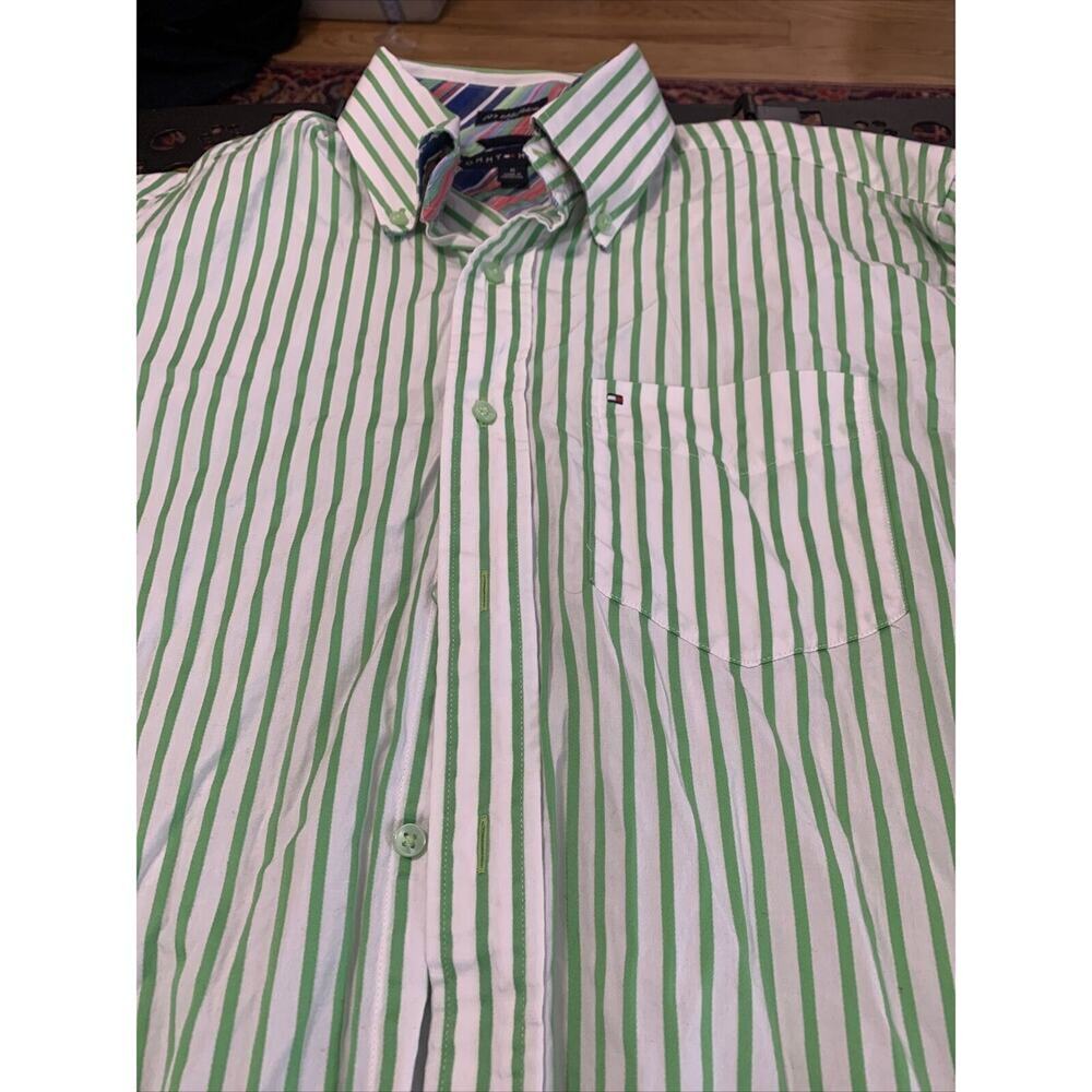 Tommy Hilfiger Mens‎ Green White Striped Button Down Shirt 80s 2-Ply Fabric M